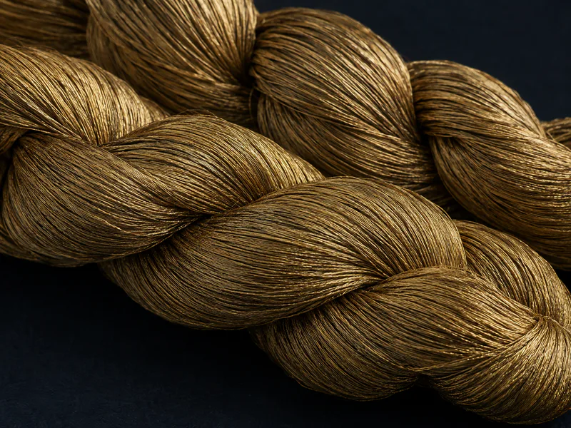 Close-up of muted antique-gold metallic yarn