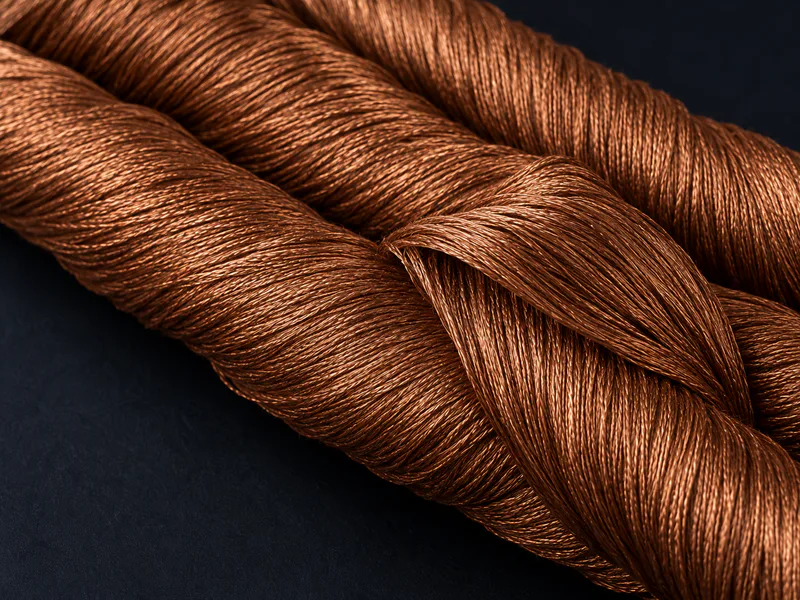 Close-up of warm copper metallic yarn bundles