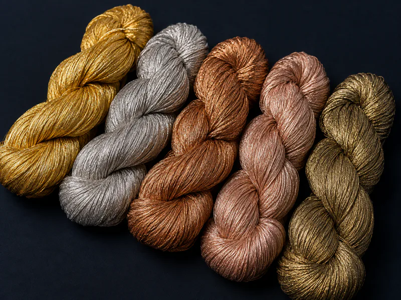 Gold, silver, copper, rose-gold and antique metallic yarn shades arranged together