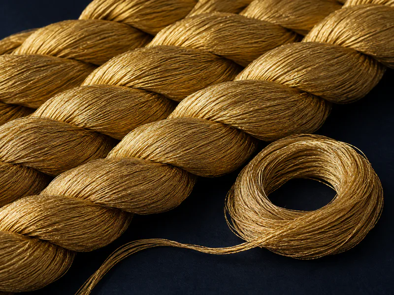 Close-up of rich gold metallic zari yarn bundles