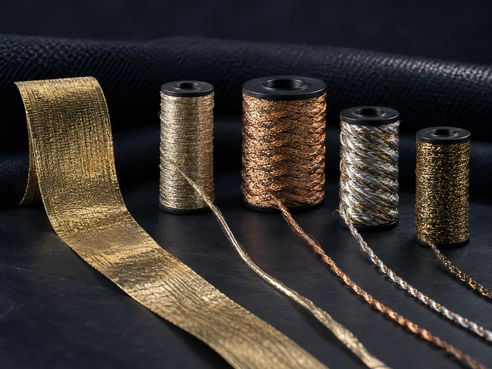 Gold, silver and copper metallic yarn constructions arranged as development samples