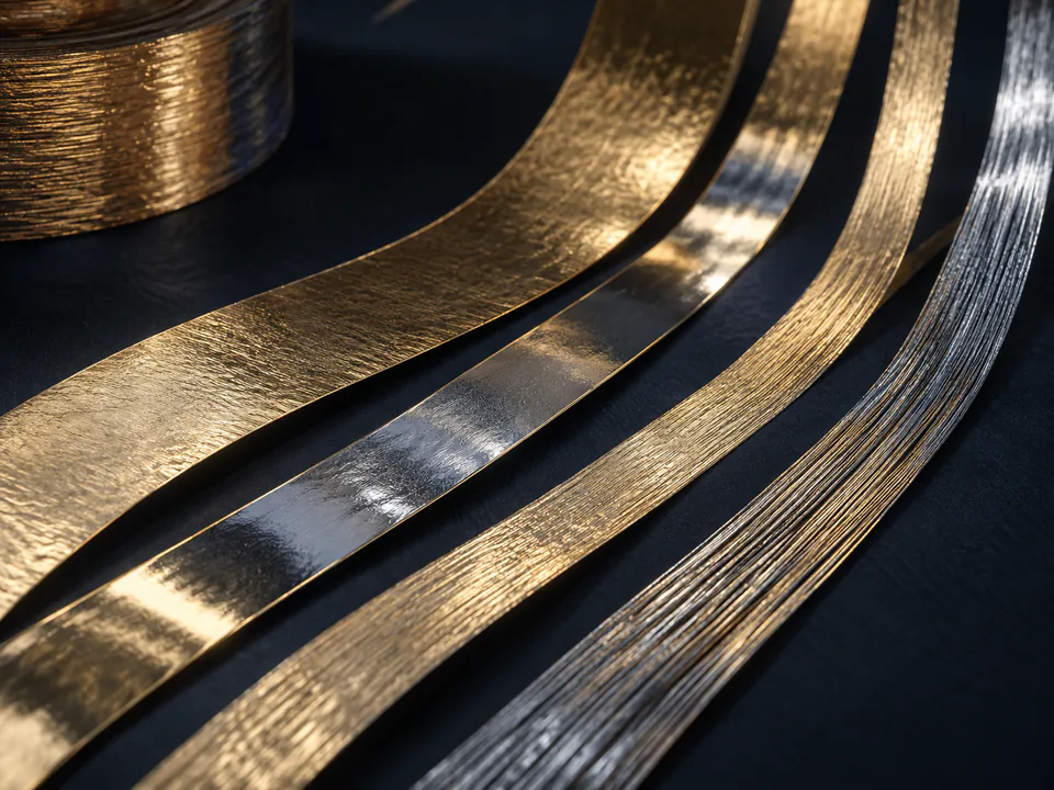 Flat gold and silver metallic film strips used for M Type metallic yarn