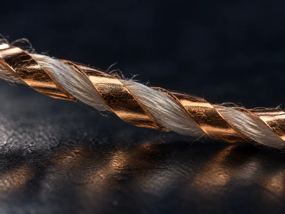 Copper-gold metallic film twisted with a white supporting filament for MH Type yarn